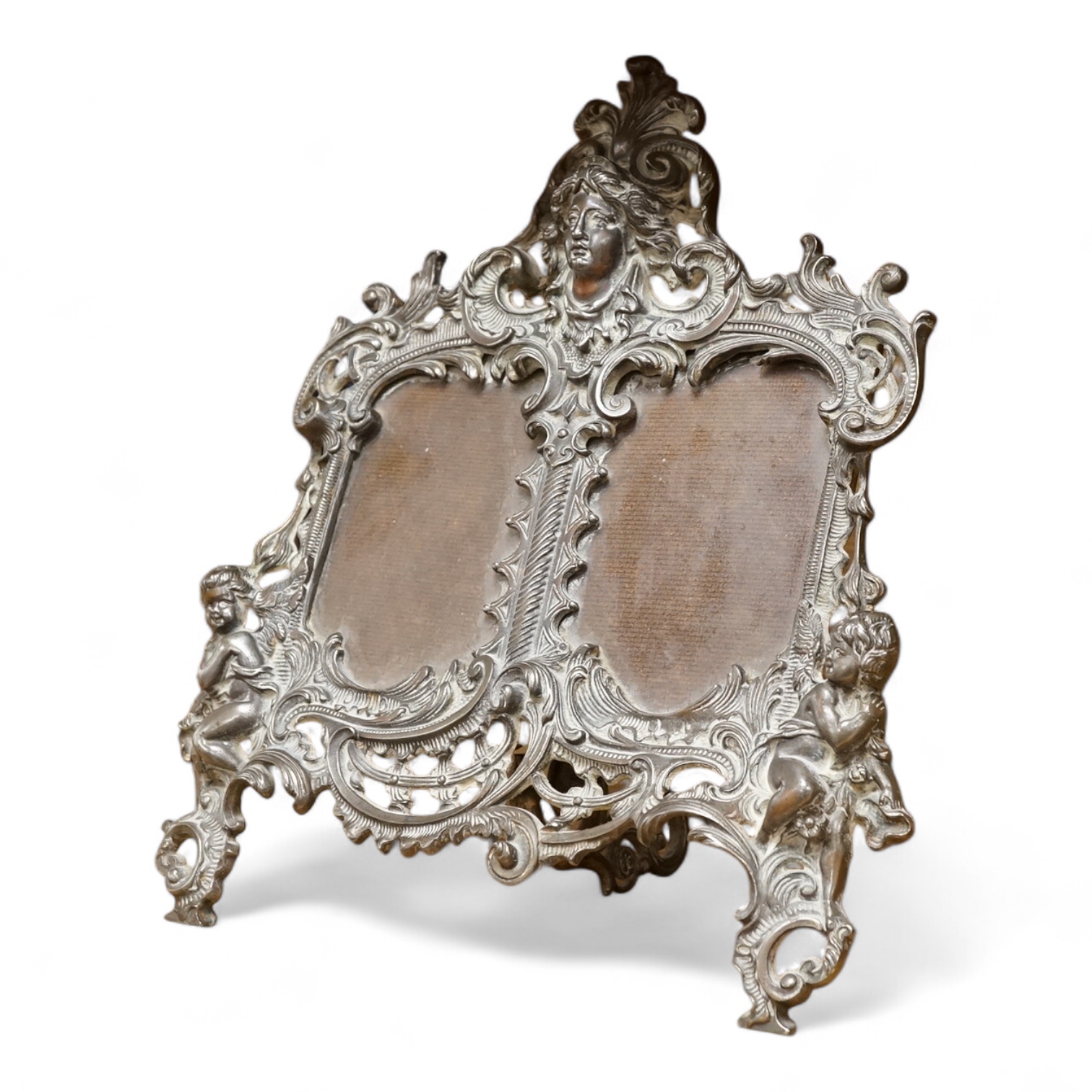 A cast brass putti double easel photo frame, 34cm high